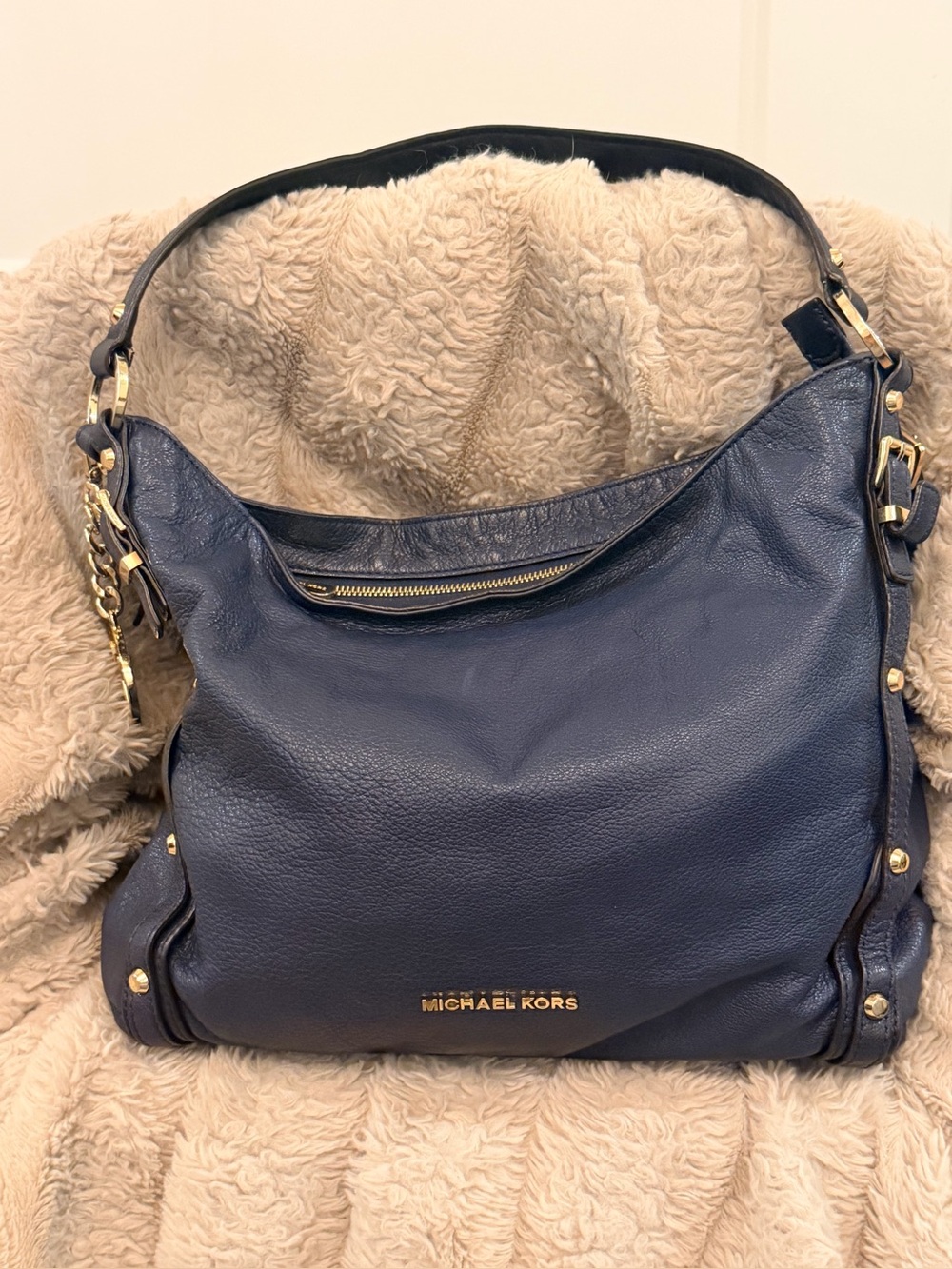 Leather Shoulder Tote Bag - Navy Blue